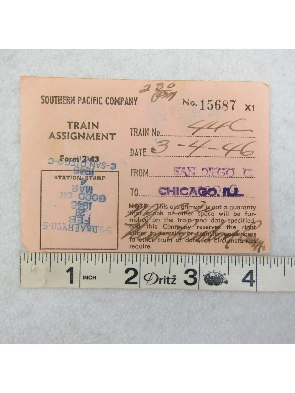 Southern Pacific Company Train Ticket Railroad San Diego to Chicago Vintage 1946